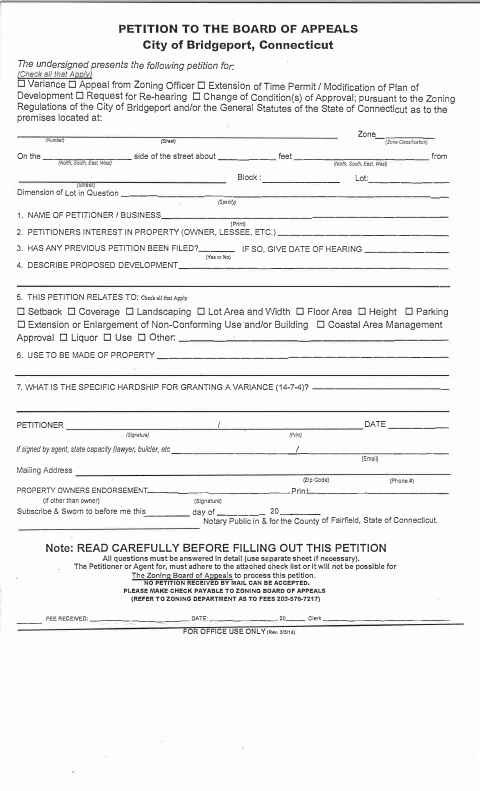 First page of the Zoning Board of Appeals Petition