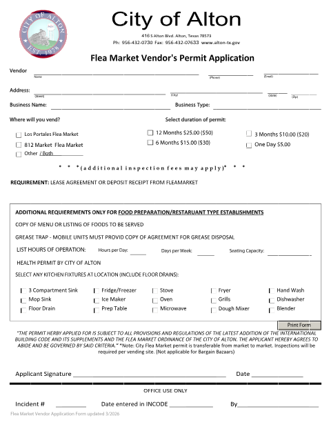 First page of the Flea Market Vendor's Permit Application