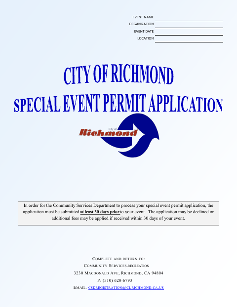 First page of the Special Event Permit Application