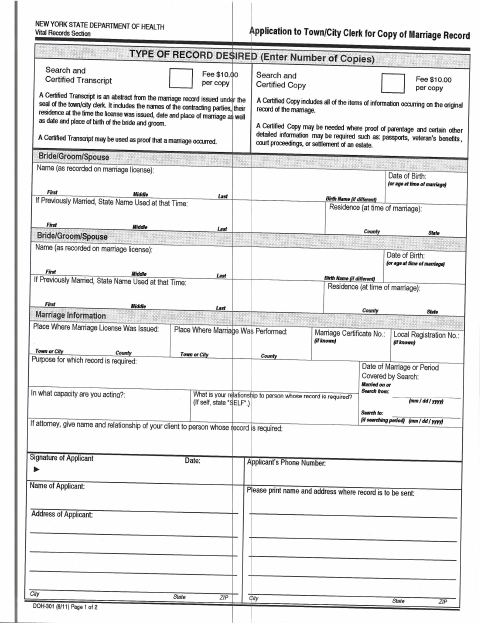 First page of the Marriage Record Application