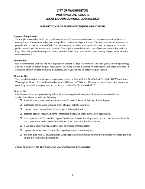 First page of the Application for Alcoholic Liquor License