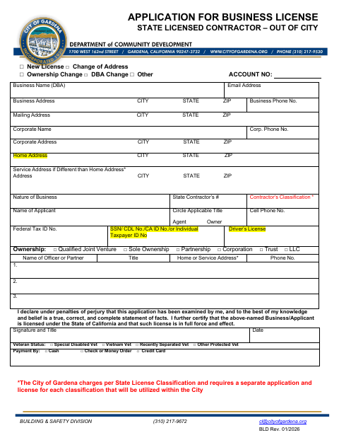 First page of the Application for Business License State Licensed Contractor – Out of City