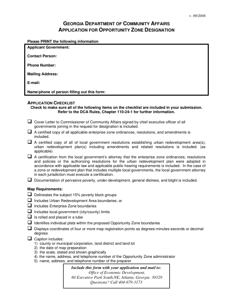 First page of the Application for Opportunity Zone Designation