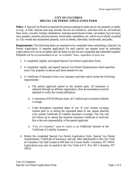 First page of the Special Use Permit Application Form
