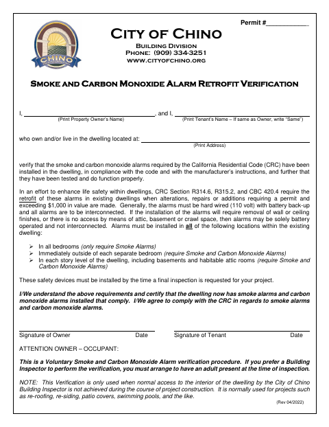 First page of the Smoke and Carbon Monoxide Alarm Retrofit Verification