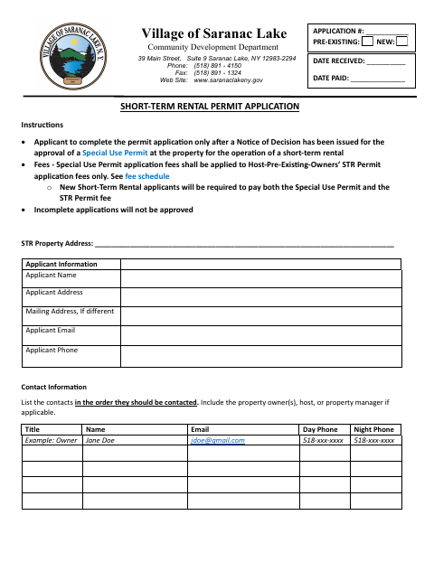 First page of the Short-Term Rental Permit Application