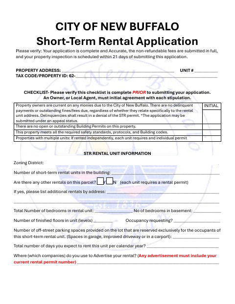 First page of the Short-Term Rental Application