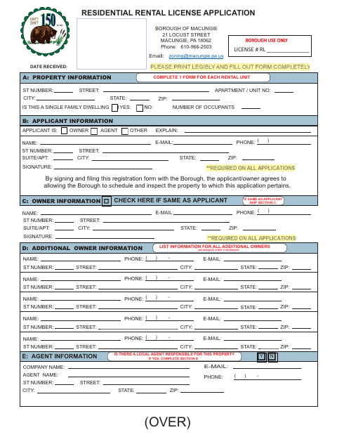 First page of the Residential Rental License Application