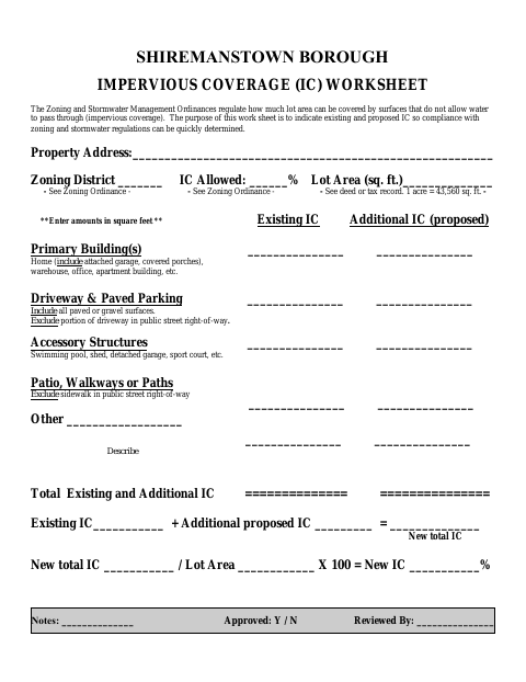 First page of the Impervious Coverage Worksheet