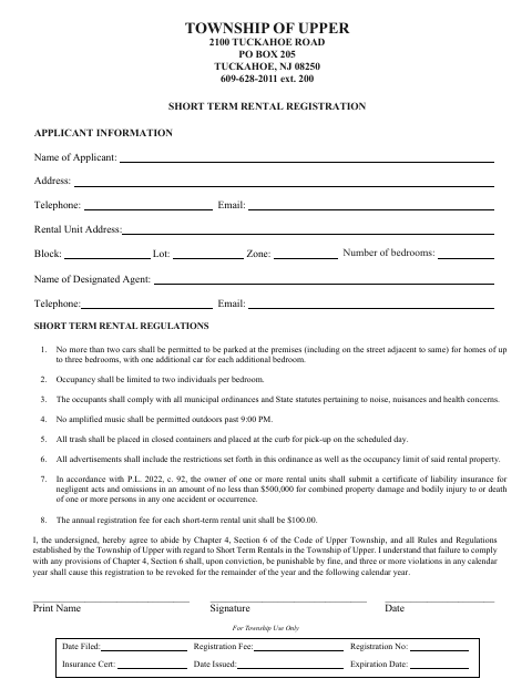 First page of the Short Term Rental Registration