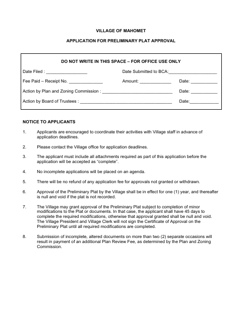 First page of the Application for Preliminary Plat Approval