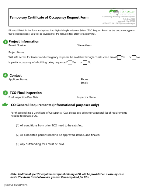 First page of the Temporary Certificate of Occupancy Request Form