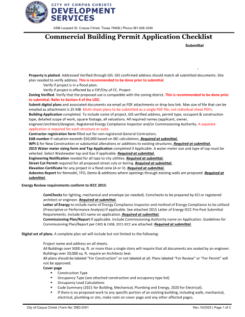 First page of the Commercial Building Permit Application Checklist & Information Package