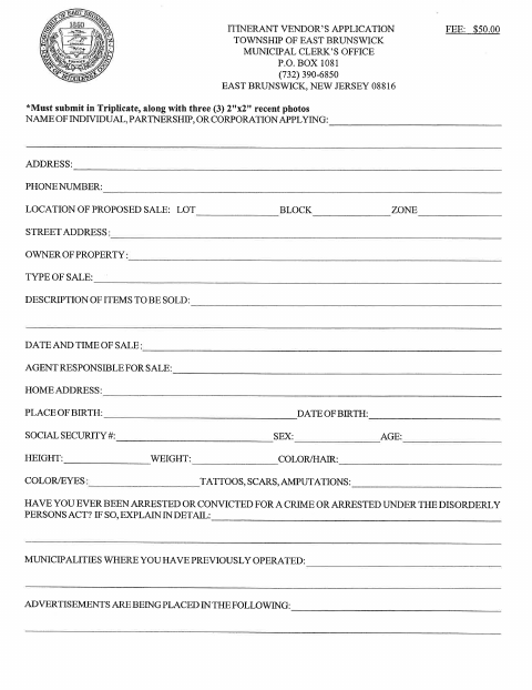 First page of the Itinerant Vendors Application