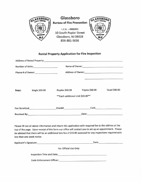 First page of the Rental Property Application for Fire Inspection