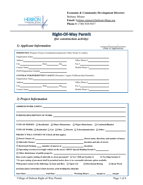 First page of the Right-of-Way Permit