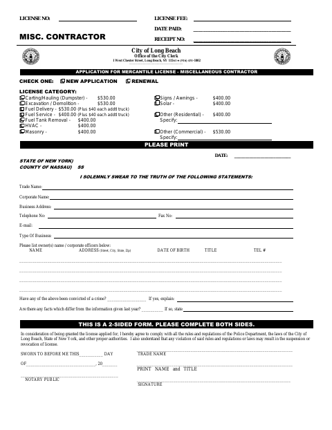 First page of the Application for Mercantile License – Miscellaneous Contractor