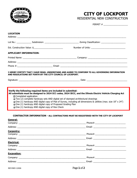 First page of the Residential New Construction Permit