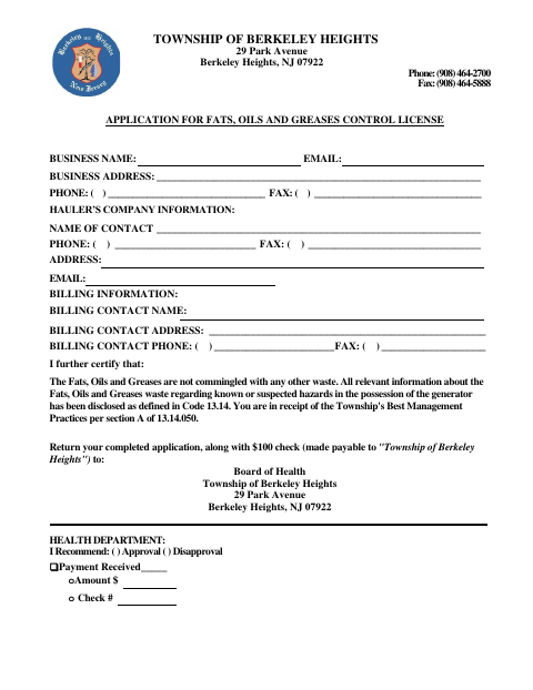 First page of the Fats, Oils and Greases Control License Application