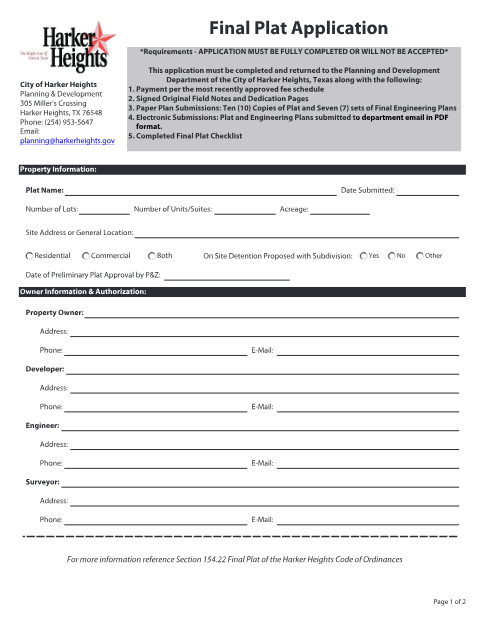 First page of the Final Plat Application