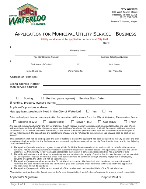 First page of the Application for Municipal Utility Service – Business