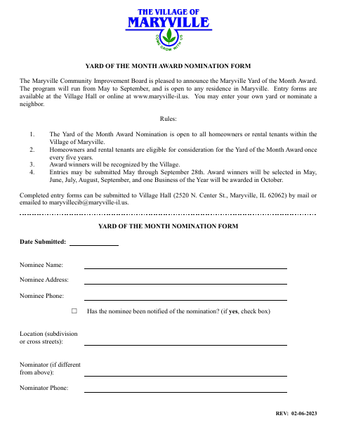 First page of the Yard of the Month Nomination Form