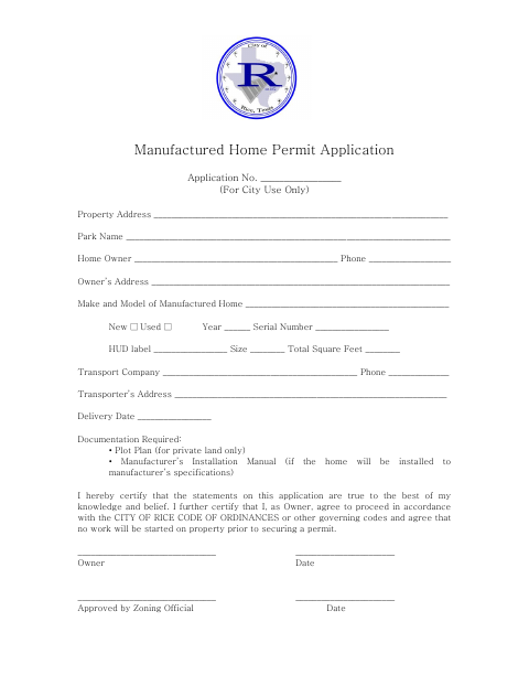 First page of the Manufactured Home Permit Application