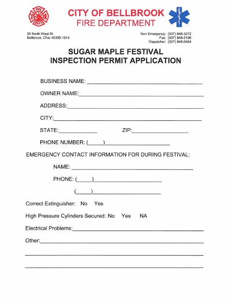 First page of the Sugar Maple Festival Inspection Permit Application