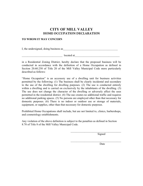 First page of the Home Occupation Declaration