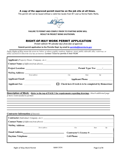 First page of the Right-of-Way Work Permit Application