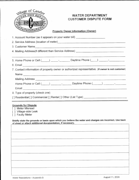 First page of the Water Department Customer Dispute Form
