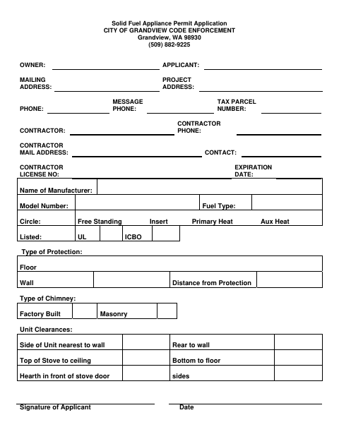 First page of the Solid Fuel Appliance Permit Application