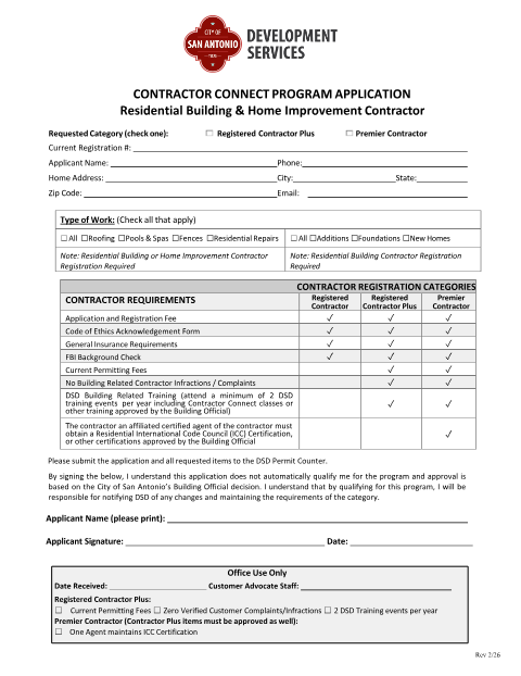First page of the Contractor Connect Program Application