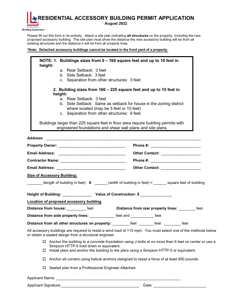 First page of the Residential Accessory Building Permit Application
