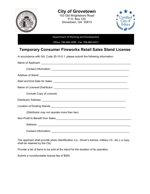 First page of the Temporary Consumer Fireworks Retail Sales Stand License