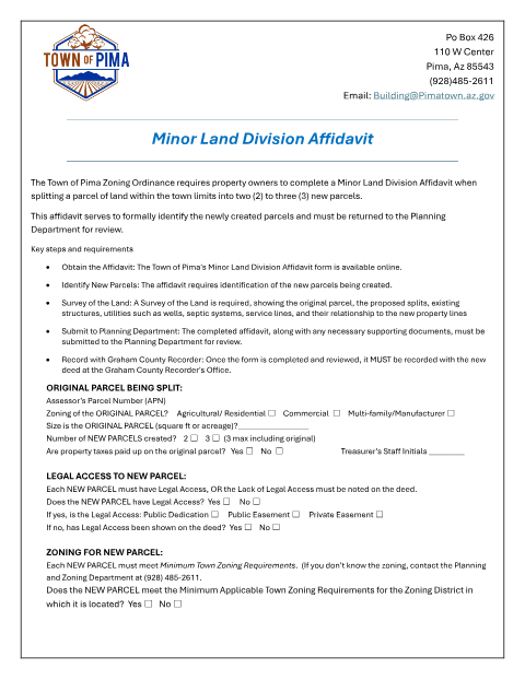 First page of the Minor Land Division Affidavit