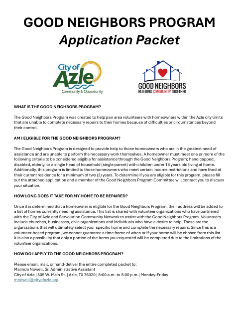 First page of the Good Neighbors Program Application Packet