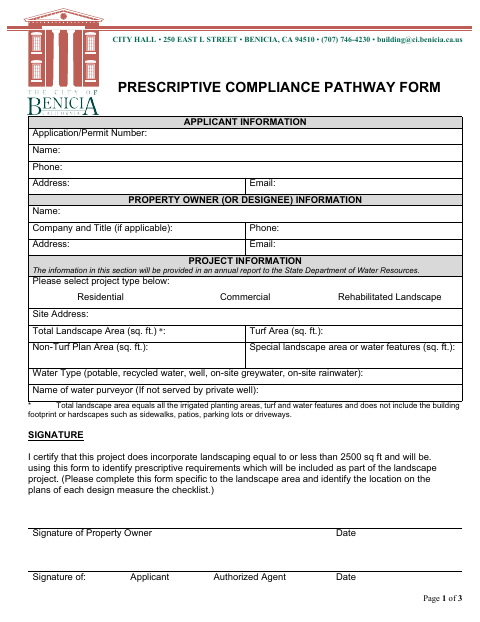 First page of the Prescriptive Compliance Pathway Form and Checklist