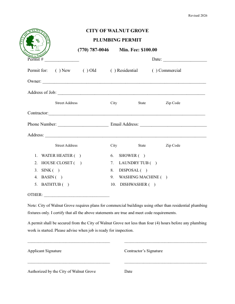 First page of the Plumbing Permit