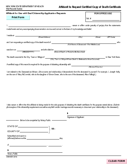 First page of the Affidavit to Request a Certified Copy of a Death Certificate for Dual Citizenship