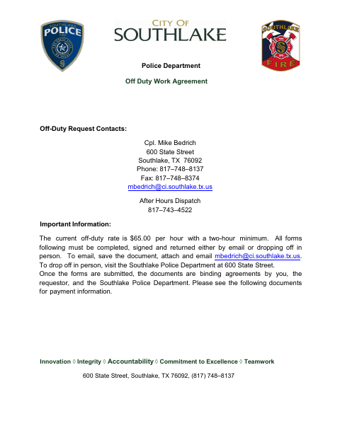 First page of the Police Department Off-Duty Work Agreement