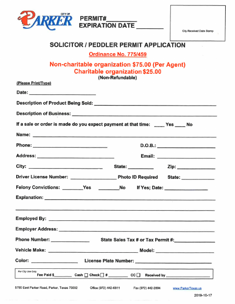 First page of the Solicitor-Peddler Permit Application