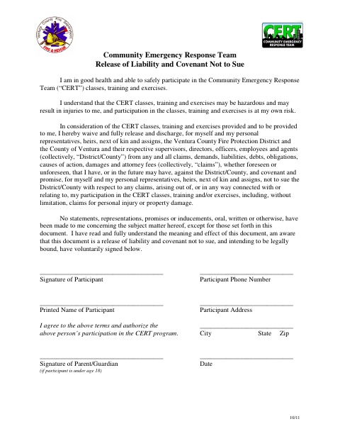 First page of the Community Emergency Response Team Release of Liability and Covenant Not to Sue