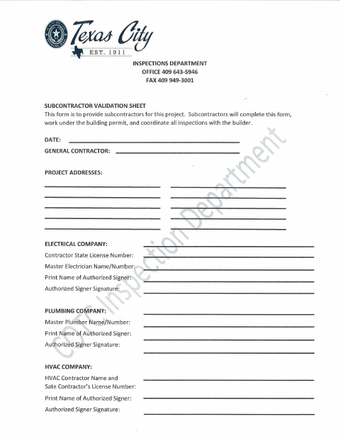 First page of the Subcontractor Validation Sheet
