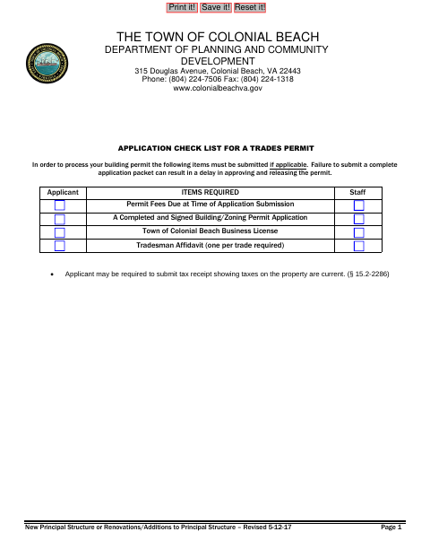 First page of the Trades Permit