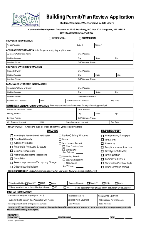 First page of the Building, Plumbing, Mechanical, and Fire Life Safety Permit and Plan Review Application