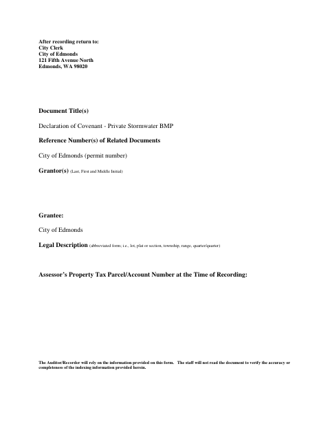 First page of the Declaration of Covenant – Private Stormwater BMP