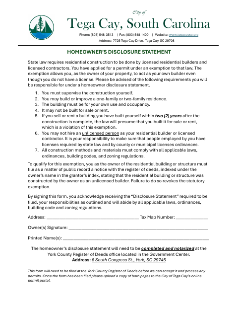 First page of the Homeowner’s Disclosure Statement