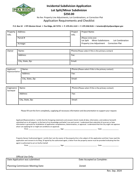 First page of the Incidental Subdivision Application