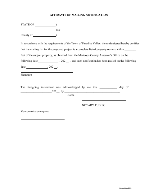 First page of the Affidavit of Mailing Notification
